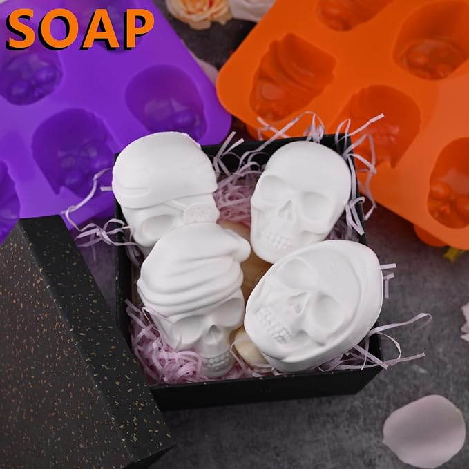 Large Skull Cake Pan Silicone Mold, 2 Pack 6 Cavity Halloween Skull Cakelet Chocolate Molds Candy Pizza Baking Molds Handmade Soap Tray