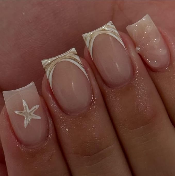Summer Handmade Press on Nails Starfish Fake Nails Designs Beach Muti-Layer Gel Thick Acrylic Nail Full Cover Beach Handmade Short Square False Nails French Tip Stick on Nail for Women (S)