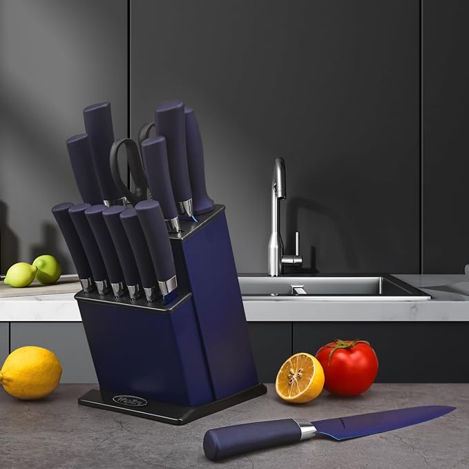 Knife Set, Kitchen Non Stick Knives Set with Block Thick Blade Cutlery Knife Block Sets with Sharpener 6pcs Steak Knife Shears Chef Sharp Quality Aluminum Alloy Block Blue Handle and Blade