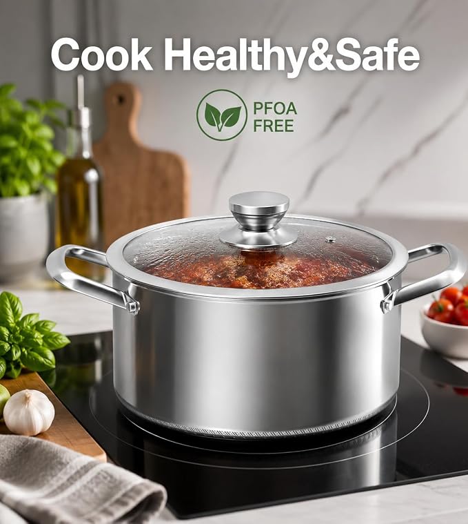 Toutrop Hybrid Nonstick Stock Pot with Lid,Stainless Steel Stockpot,Induction Soup Pot Compatible with All Cooktops,Dishwasher & Oven Safe,Stainless steel,5 Quart