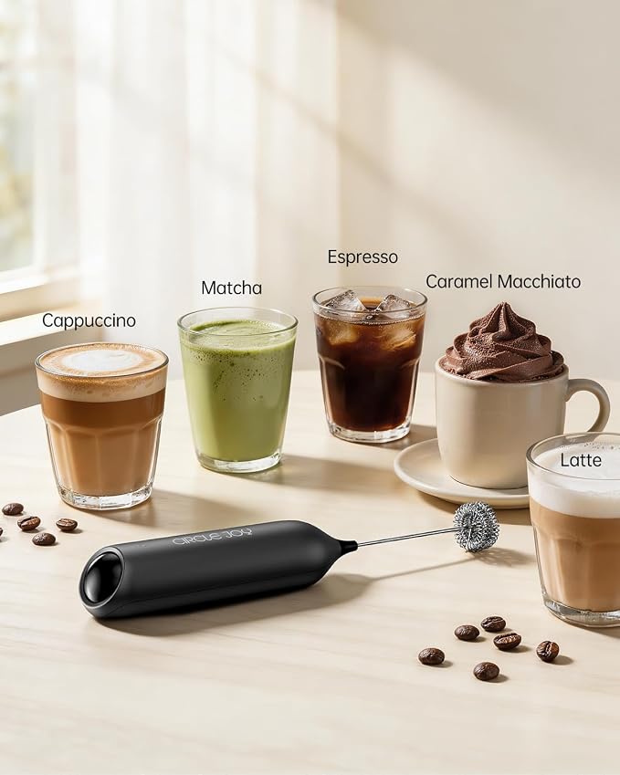 CIRCLE JOY Rechargeable Milk Frother Handheld with Stand, Dual Spring Whisk Head Electric Coffee Frother Foam Maker, Portable Drink Mixer for Cappuccino, Latte, Matcha, Black