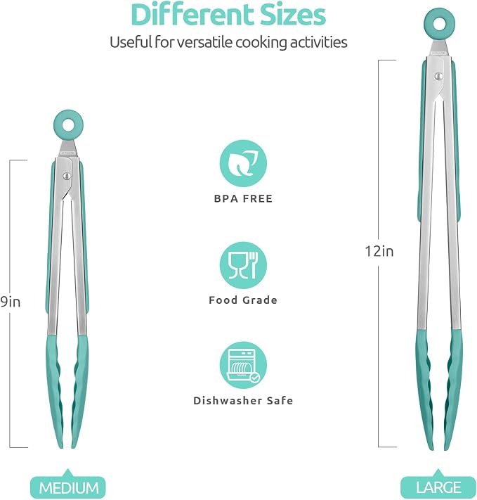 U-Taste Kitchen Tongs for Cooking, 600ºF Heat-Resistant Tps, 2Pcs/Aqua Sky | Silicone Tong Set 9/12in, Salad/Grill/BBQ Plastic Tong for Food Serving, Rubber Tipped Tong with 18/8 Stainless Steel Handle