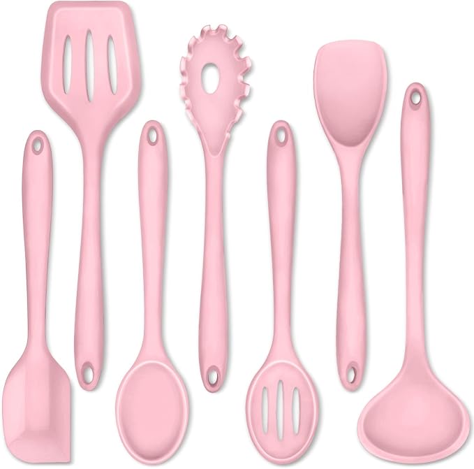 P&P CHEF Pink Kitchen Utensils, Silicone Cooking Utensil Set of 7 | Soft Spatula for Nonstick Cookware, Slotted Turner, Soup Ladle, Pasta Server, Spoon for Cooking, Dishwasher Safe & Heat Proof