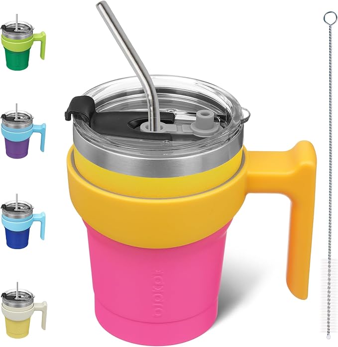 BJPKPK 10 oz Mini Tumbler with Lid, Straw & Handle, Insulated Steel Cup | Small, Spill Proof, Leak Proof, Thermal, Double Wall Vacuum, Sweatproof, Dishwasher Safe, BPA Free, Pink & Yellow Rose