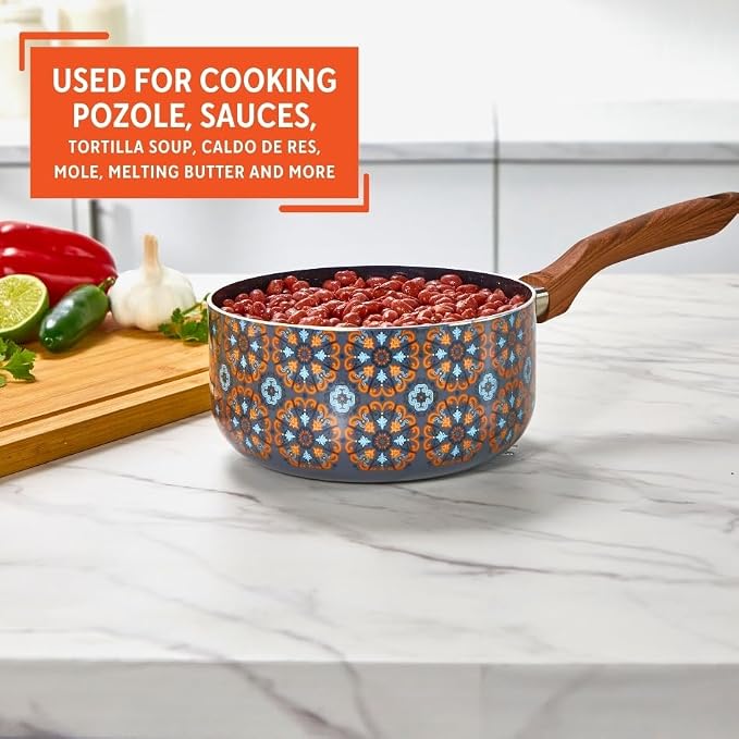 IMUSA 2 Qt Talavera Aluminum Black Ceramic Saucepan with Woodlook Handle | Black Ceramic Nonstick Coating, Woodlook Cool-Touch Handle, Ideal for Mexican Dishes and Sauces, Great for Everyday Meals
