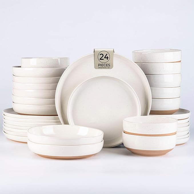 AmorArc Dinnerware Sets for 6, 24 Pieces Ceramic Plates and Bowls Set | Scratch Resistant Stoneware Dishes Set, Dishwasher & Microwave Safe, Light Beige