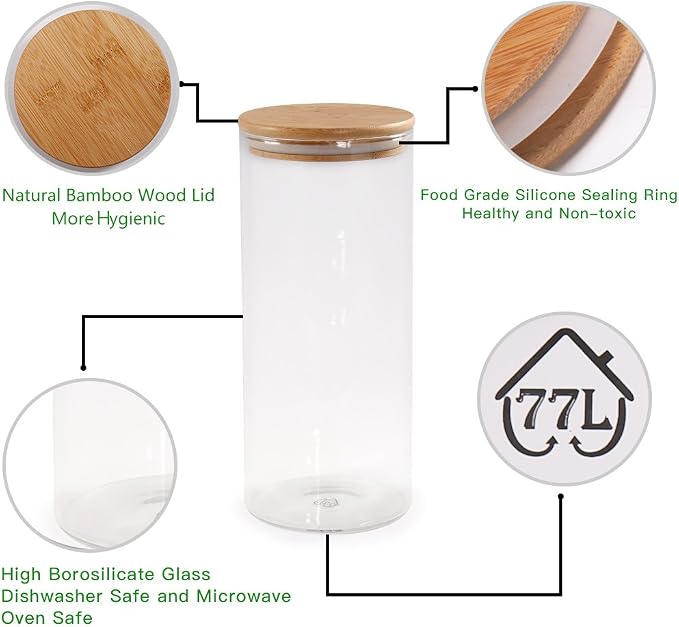 Glass Coffee Bean Container, 52.36 FL OZ (1550 ML), [Thickened Version] Glass Food Storage Jar with Airtight Seal Bamboo Lid - Clear Food Storage Canister for Serving Tea, Coffee, Spice and More