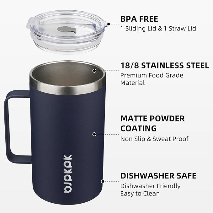 BJPKPK 25oz Insulated Coffee Mug with Handle, Stainless Steel Travel Mug | Keeps Drinks Hot & Cold, Double Wall Vacuum, 2 Lids Included, BPA-Free Coffee Tumbler for Home, Office & Travel