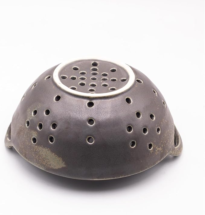 8" Ceramic Berry Colander with Handles, Reactive Glaze Fruit Washing Bowl, Rustic Stoneware Pasta Strainer for Kitchen (Charcoal Grey)