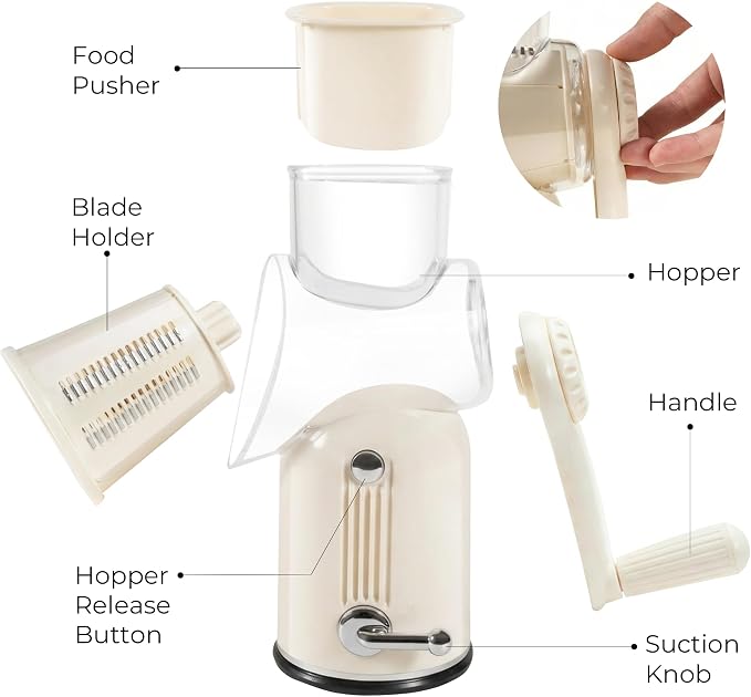 Rotary Cheese Grater Manual Hand Crank with 5 Blades & Suction Base, Kitchen Vegetable Shredder Slicer for Veggie, Nuts, Fruit, Cream