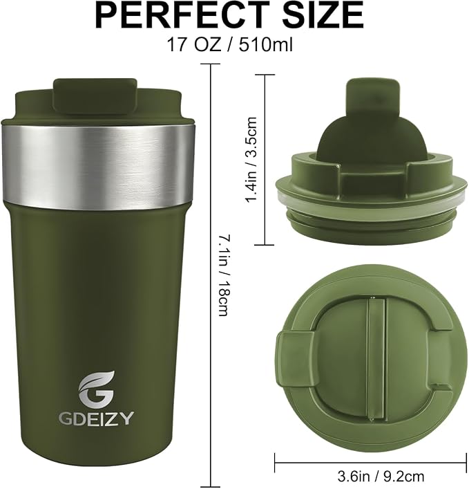 17oz Insulated Travel Coffee Mug, Stainless Steel Cup with Leakproof Lid | 304 Double Wall Vacuum Steel, Long Heat & Cold Retention, 360° Leakproof, BPA-Free Reusable Tumbler, Fits Car Cup Holders