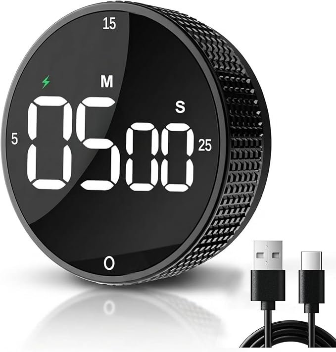 Rechargeable USB-C Digital Kitchen Timer - Magnetic Countdown Countup Visual Pomodoro Timer with Large LED Display, 3-Preset Times, 3 Volume Levels, Ideal for Cooking, Baking and Study