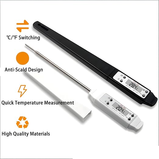 Meat Thermometer, Waterproof Digital Food Thermometer Instant Read with 120mm Long Probe, Automatic Calibration, Kitchen Cooking Thermometer for BBQ, Grill, Water Temperature(White)