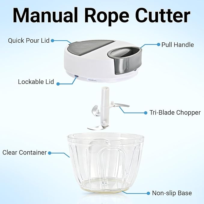 SUSTEAS Manual Food Chopper Pull Chopper with String, Garlic Mincer 650ml | Vegetable Cutter with String Garlic Mincer Onion Cutter for Veggies, Ginger, Salad, Fruits, Nuts, Herbs, etc, Gray