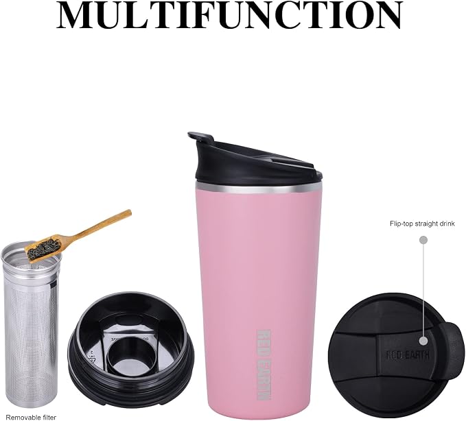GiNT 17oz Travel Tea Mug with Infuser, 2 Lids. Vacuum Insulated 316 Stainless Steel Coffee Mug. Dishwasher Safe Tea Cup with Strainer for Hot & Cold Brew Coffee. Mothers Day Gifts for Mom (Pink)