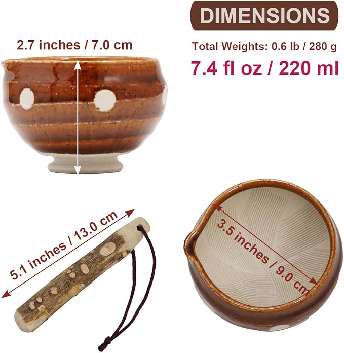Traditional Japanese Mini Sesame Seed Grinder with Pestle - Mino Takada-yaki Ceramic - Deep Amber - Ideal for Dressings and Sauces (Candy Polka Dot Brown)