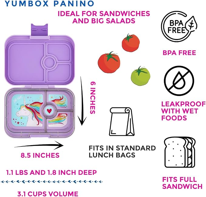 Yumbox Panino Leakproof Bento Lunch Box - Lavande Purple Unicorn | Sandwich-Friendly, 3 Compartments + Dip, Lightweight, Easy-Open Latch, Kid-Friendly Design