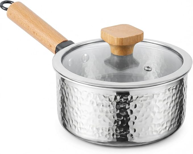 WANGYUANJI 1.8 Quart Stainless Steel Saucepan with Lid, Tri-Ply Steel Small Sauce Pan, Coating-Free Interior, Hammered Finish, Induction Compatible Soup Pot with Tempered Glass Lid & Wood Handle
