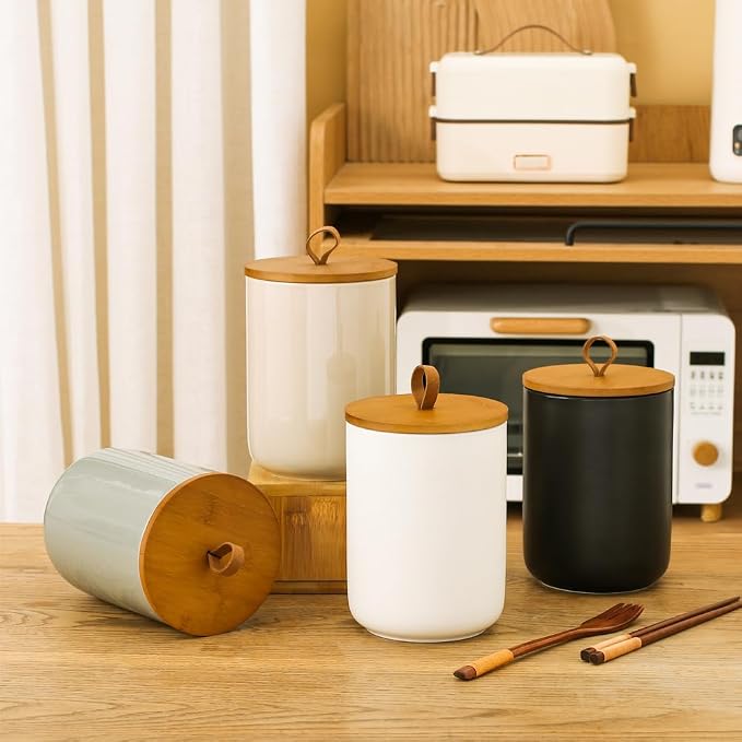 Ceramic Storage Jars, Modern Airtight Canisters with Wooden Lid (White) | Modern Elegant Design, Highly Polished Surface, Airtight For Freshness, Ideal For Spices Tea Sugar Coffee