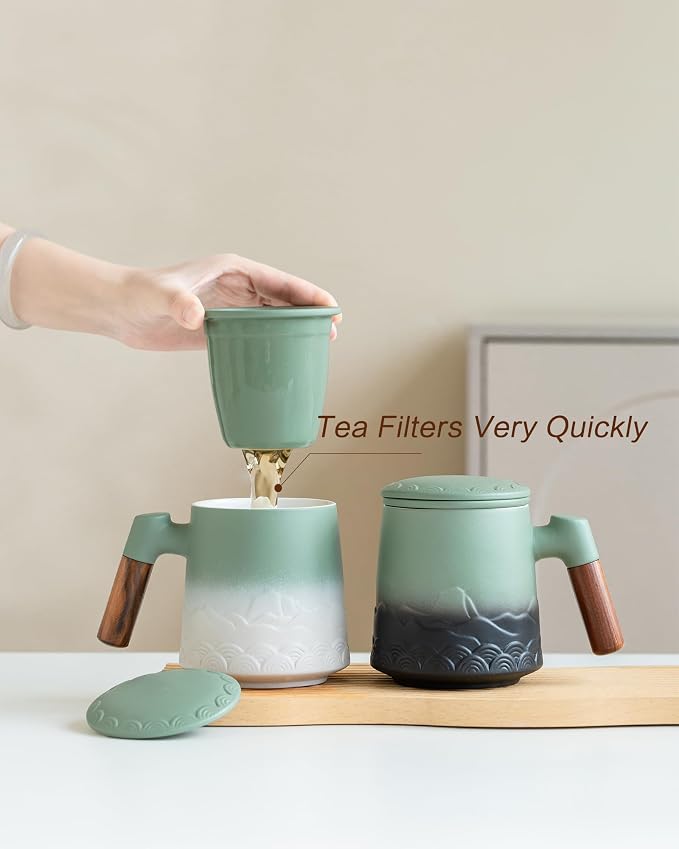 ZENS Tea Mug with Infuser and Lid for Loose Leaf Tea Diffusers, 16.9oz | Embossed Ceramic Tea Cup with Infuser, Tea Steeper for Loose Tea Lovers Gifts, Wood Handle, Moss White