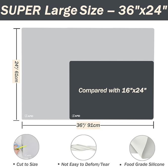 Extra Large Silicone Mat Kitchen Counter Heat Resistant Table Mat 36" x 24" | Place Mats, Countertop Protector , Thick Placemats Washable Silicone Mats for Kitchen Counter Dining Table Mat , Grey , Sapid