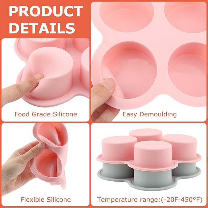 Reusable Silicone Air Fryer Egg Mold, 2 Pcs 4 Cavity Non-Stick Air Fryer Baking Pan with Oil Brush, Silicone Muffin Pans Muffin Cups for Baking, Hamburger Bun Pan(pink,blue)