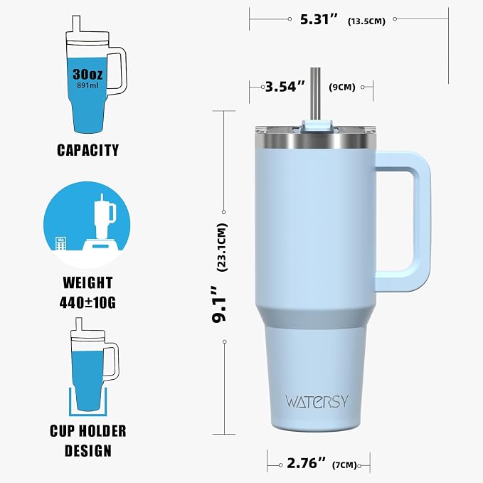 30 oz Tumbler with Handle,Tumbler with Lid and Straw,Double Wall Insulated Cup Stainless Steel Travel Mug(Cold for 34 Hours),Water Bottle for Iced Tea,Coffee,Cold Beverages(Blue)