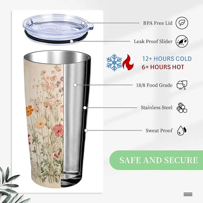 Boho Floral Tumbler 20 oz Stainless Steel Insulated Travel Mug with Lid and Straw, Flower Coffee Tumbler Cup for Hot Cold Drinks, Vintage Floral Gifts for Women Mom Friend