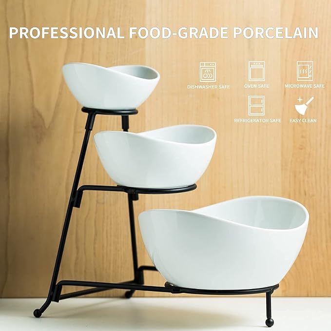 YHOSSEUN 3 Tier Serving Stand with 3 Oval Porcelain Serving Bowl Set | Chip and Dip Serving Dishes For Entertaining, Party, Tiered Sering Tray with Collapsible Thicker Sturdier Metal Rack, Black