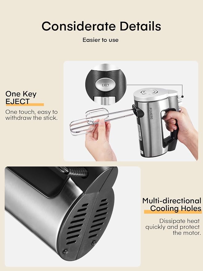 Hand Mixer Electric Handheld, 6 Speed & Turbo Electric Mixer, 300W Handheld Mixer with 2 Stainless Steel Whisk and 2 Dough Hook for Whipping, Mixing Cookies, Brownie, Cakes, Dough Batters, Silver