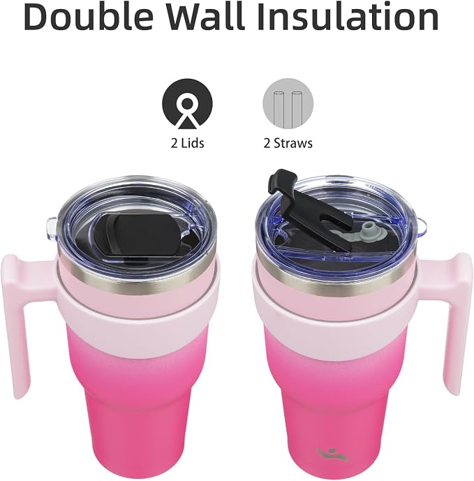 Konokyo 40 oz Tumbler with Handle and Straw, Insulated Travel Mug | Cherry; BPA-free, leak-proof tumbler with 2 lids, 2 straws, cup holder fit for coffee, office, travel & daily use