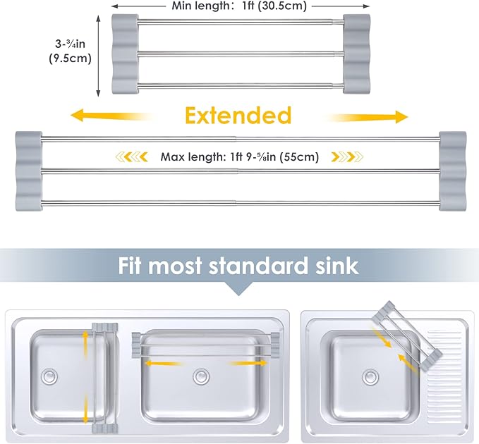 Tomorotec Adjustable Over-The-Sink Kitchen Rack, BPA-Free, Gray | Holds 16.5 Lbs; For Dishcloths, Sponges, and Brushes - Heat-Resistant Stainless Steel with Slim, Expandable Design