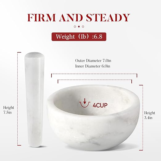 Marble Mortar and Pestle Set, 7"-4 Cups Grinder Bowl for Guacamole, Salsa, Pill Crusher, Spice, Herb, Garlic, Nut, Heavy Duty Grinder for Kitchen(Namib Fantasy)
