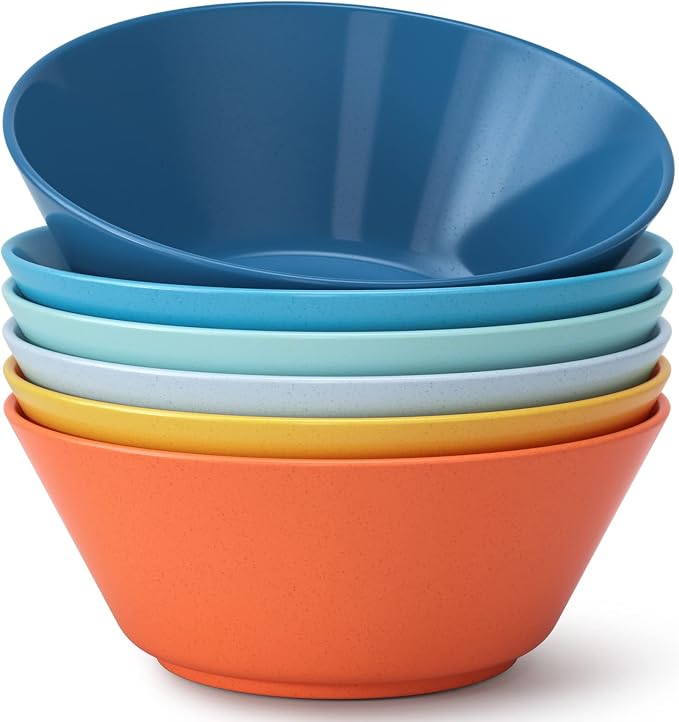 50 Oz Wheat Straw Bowls Set of 6 - Unbreakable, Stackable & Microwave Safe, Multicolor Large Cereal Bowls for Oatmeal, Soup, Ramen, Salad, Popcorn, etc. Safe for Kids & Family