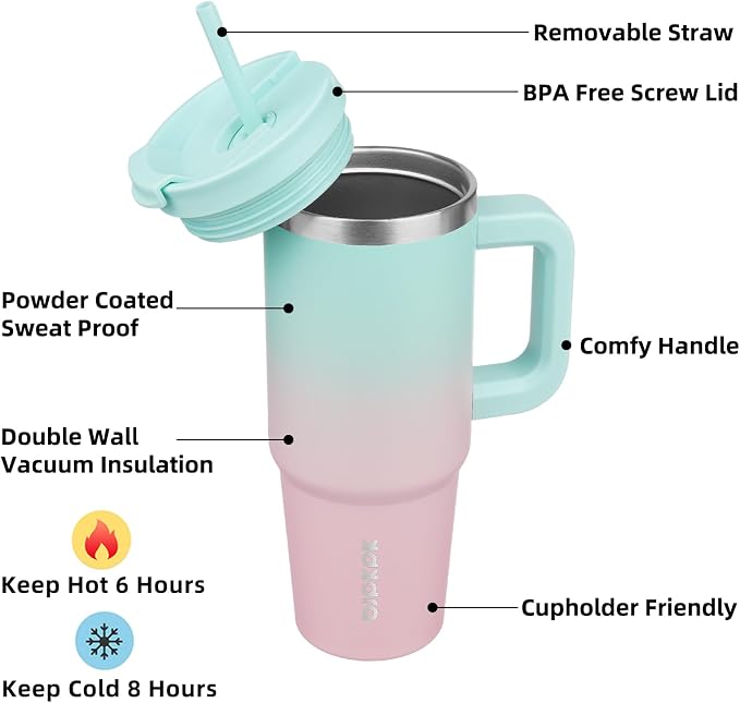BJPKPK 30 oz Insulated Tumbler with Handle & Straw, Stainless Steel | Double Wall Vacuum Insulation, Leak Proof, BPA Free, Dishwasher Safe, Cupholder Friendly, Travel & Outdoor, Bubble Gum