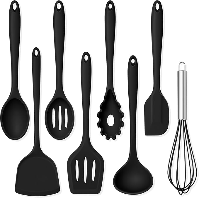 TeamFar Silicone Cooking Utensils Set, 8 PCS Kitchen Utensils Set, Black | 446°F Heat Resistant Turner, Spatula, Spoon, Whisk, Kitchen Cooking Gadgets Tools, for Nonstick Cookware, Dishwasher Safe