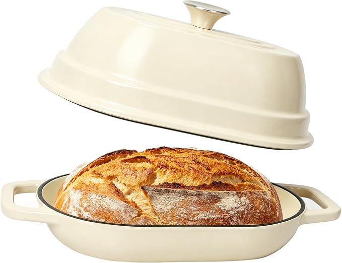 Wdmiya Dutch Oven for Sourdough Bread Baking, Shallow Base & Dome Lid 5 QT | Enameled Cast Iron Bread Baker for Batards & Boules, Easy-Clean Enamel, 500°F Oven Safe, Cream White, 11.5" x 7.8"