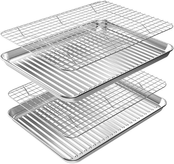Baking Sheet with Cooling Wire Rack Set, Stainless Steel 2 Pans + 2 Racks | 16x12x1 Inches Baking Sheet Pan with Nonstick, Warp Resistant, Heavy Duty Design for Baking, Roasting, and Cooking