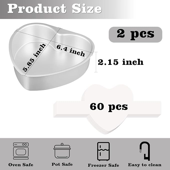 HUAKENER 6 Inch Heart Cake Pan, Non-stick Aluminum Heart Cake Pan | 2 Pack Heart Shaped Cake Pans with 60 Pieces Parchment Paper, Non-stick Cake Baking Pans for Kitchen Birthday Wedding