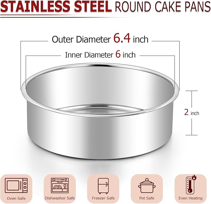 LIANYU 6 Inch Cake Baking Pan Set of 4, Stainless Steel Round Cake Bake Pan | Fit in Pot Pressure Cooker Air Fryer, Healthy & Toxic Free, Leak-proof & Dishwasher Safe, No Coating Metal Baking Pan