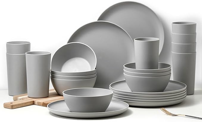 24-Piece Dinnerware Set, Service for 8, Unbreakable Plates and Bowls Set, BPA-Free, Dishwasher Safe, Gray Tableware for Kitchen, Party and Picnic