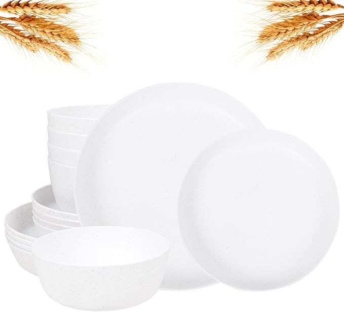 EjonirInjonir 12pcs Wheat Straw Dinnerware Sets for Camping, Unbreakable | Deep Wheat Straw Plates and White Dish Set for Indoor Outdoor Dining,Reusable Plastic Plates are Apartment Essentials