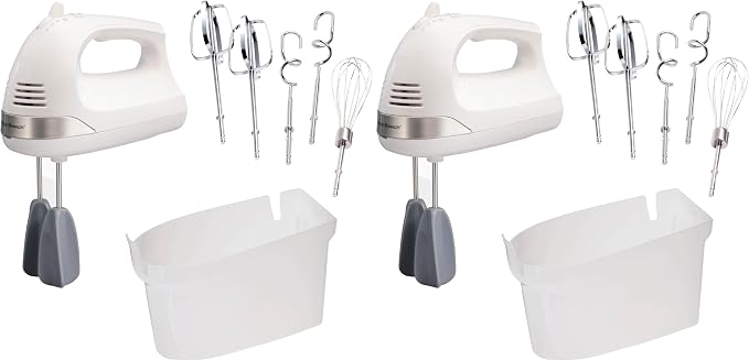 Hamilton Beach 6-Speed Electric Hand Mixer with Whisk,Dough Hooks and Easy Clean Beaters,Powerful 275 Watt Motor,Snap-On Storage Case,White,(Pack of 2)