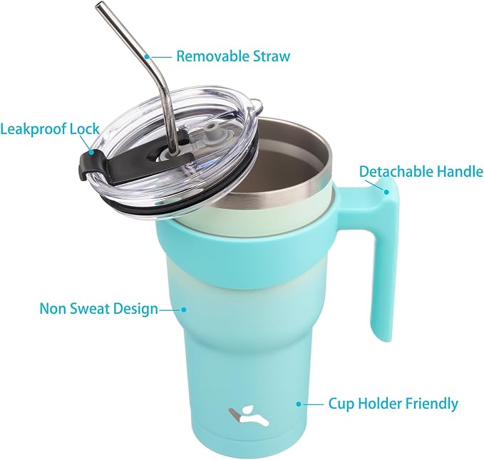 Konokyo 40 oz Tumbler with Handle and Straw, Insulated Travel Mug | Mint; BPA-free, leak-proof tumbler with 2 lids, 2 straws, cup holder fit for coffee, office, travel & daily use