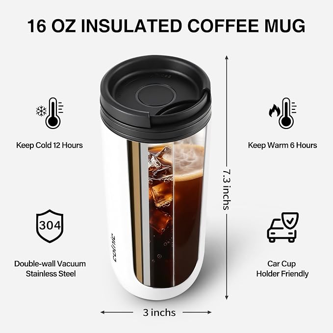 16 oz Travel Coffee Mug with Twist-Open Lid, Leak Proof Coffee Travel Mug, Insulated Tumbler Stainless Steel Coffee Cup For Hot And Iced Cold, Spill Proof Fits Cup Holder (White)