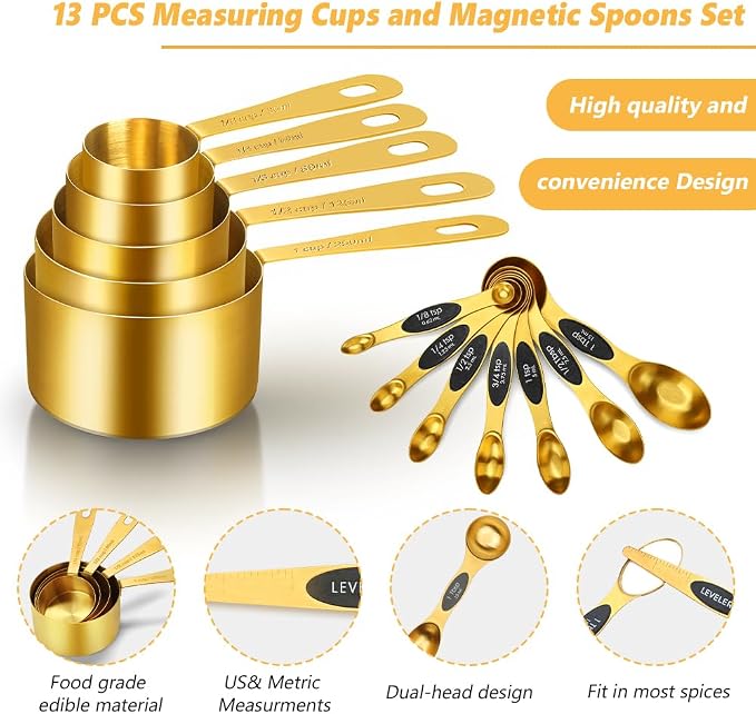 Gold Measuring Cups & Spoons Set for Cooking, 13pcs | 5 Gold Measuring Cups, 7 Double-Sided Measuring Spoons & 1 Leveler, Gold Baking Kitchen Gadgets for Dry & Liquid Ingredients