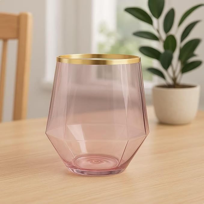 Oojami 40 Pack Disposable Plastic Wine Glasses 12 oz Diamond Pink Gold Rim | Stemless Cocktail Champagne Whiskey Cups, Shatterproof BPA-Free Unbreakable, for Wedding Party Birthday Outdoor Events