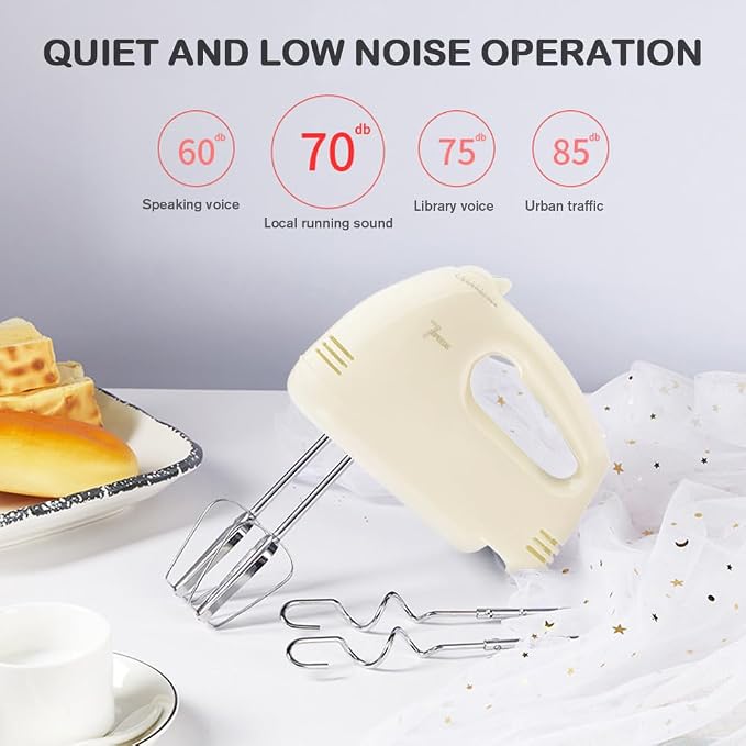 Handmixer Electric Handheld - 7 Speed Portable Kitchen Mixer Electric with 5 Stainless Steel Accessories Whisk, Food Beater for Whipping Mixing Cookies Cakes Eggs, Beige