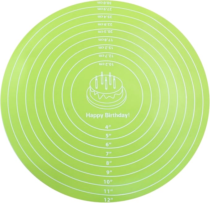 Hitefu 12 Inch Round Silicone Cake Mat, Green | Silicone Baking Mat, With Measurement, For Cake Turntable, For Rolling Dough