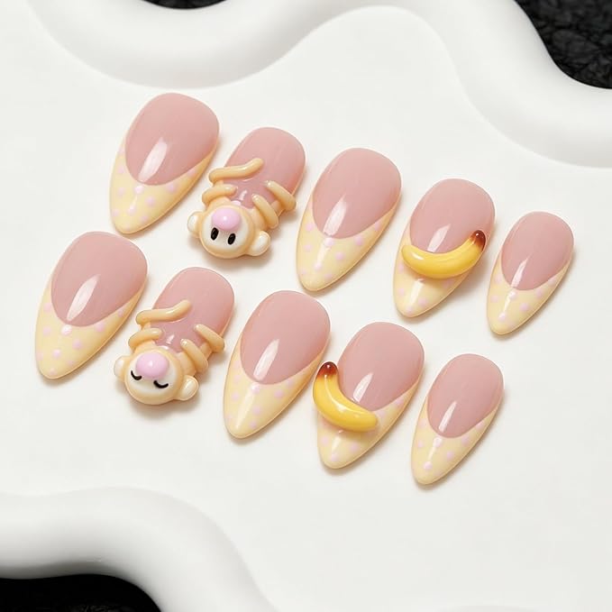 Handmade Press on Nails Thick Medium Almond False Nails with Monkey Shape Designs Muti-Layer Gel False Nail Full Cover Polka Dot French Tip Hand Made Acrylic Nails for Women (M)